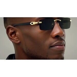 Rimless Sunglasses Men Rectangle Gold Dark Black Lens Street Wear Hip Hop Classy